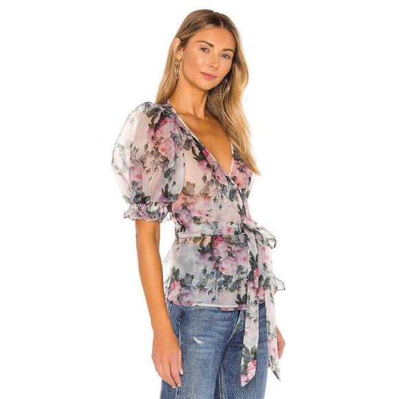 NEW Selkie Feminine Cloud 9 Blue and Pink Champagne Mod Print Wrap Top - Picture 10 of 11